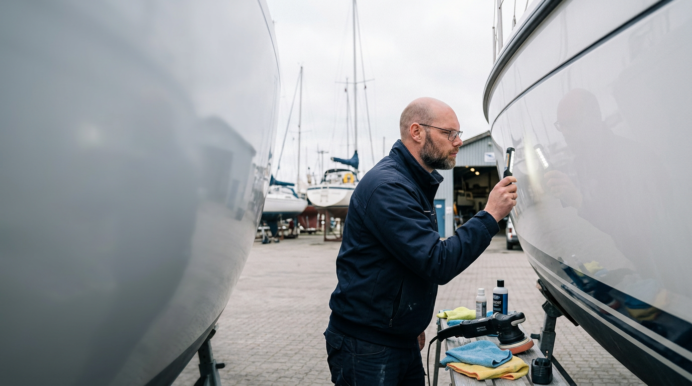 Bådplejespecialist fra SejlRent inspicerer gelcoaten på en sejlbåd i en dansk marina