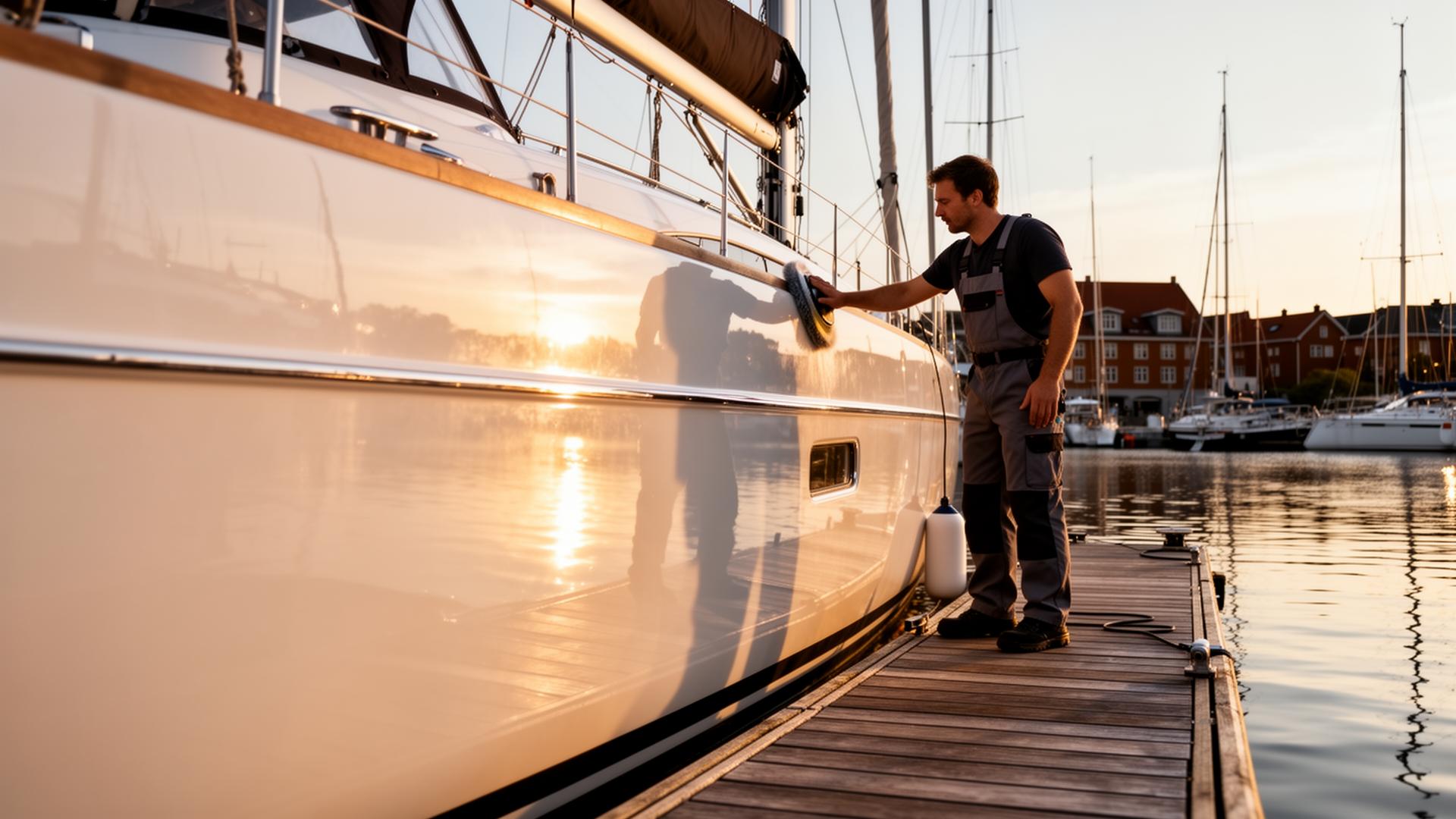 Luksus sejlbåd ved scandinavisk marina i solnedgang